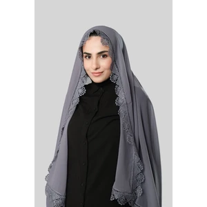 Hürrem Bone Gri Namaz Başörtüsü Şal Şifon Güpürlü 202106_15