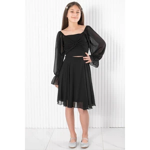 Balon Kol Şifon Abiye Elbise Siyah MDV934
