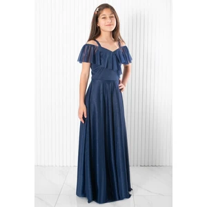 Askılı Simli Abiye Elbise Lacivert MDV938