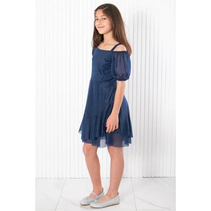 Balon Kol Simli Tül Abiye Lacivert MDV940