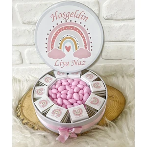 Bunnyball Chocolate 50 ADET+200 gr Draje Pembe Gökkuşağı Temalı Isme Özel Hoşgeldin Kız Bebek Hediyelik Çikolata