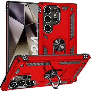 Case World Samsung Galaxy S24 Ultra Kapak Military Yüzüklü Stantlı Panzer Tank Kılıf - Kırmızı