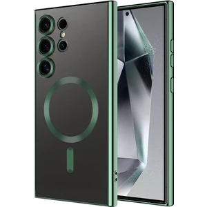 Case World Samsung Galaxy S24 Ultra Kapak Mag Safe Özellikli Lens Korumalı Logo Gösteren Şeffaf Luxury Silikon Kılıf -Yeşil