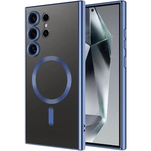 Case World Samsung Galaxy S24 Ultra Kapak Mag Safe Özellikli Lens Korumalı Logo Gösteren Şeffaf Luxury Silikon Kılıf - Lacivert