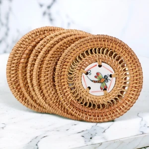 Ocean Point 6'lı Rattan Kenarlı Seramik Bardak Altlığı Yuvarlak El Yapımı Naturel Yüksek Kalite 10CM Oceanpoint