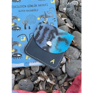 Pinkylola Design Kare Model A Harfi Yılan Baskılı ve Mat Lacivert Hakiki Deri Airpod Kılıfı, Mini Bozuk Para Cüzdanı