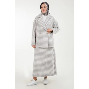 ARMİNE TREND Kaz Ayağı Desenli Ceket ve Etekli İkili Takım-Gri 23KT616