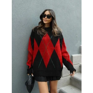 Kadın Siyah Kırmızı Old Money Baklava Desenli Kazak