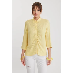 Önü Büzgülü Viskon Keten Gömlek