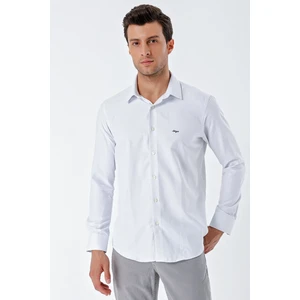 Beyaz Uzun Kollu Desenli Armürlü Sert Yaka Cepsiz Pamuklu Klasik Slim Fit Gömlek 1004230203