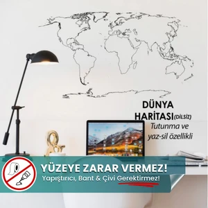 Pi Papers Dilsiz Dünya Haritası - Yapışkansız Tutunma ve Yaz-Sil Özellikli Akıllı Kağıt Harita, Yazı Tahtası (Ülke Bölmesiz)