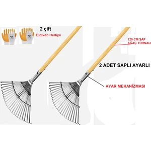 Toptancı Amca Tırmık Ahşap Saplı, Ayarlı Metal Çim ve Yaprak Toplama Eldiven Hediyeli 2 Adet