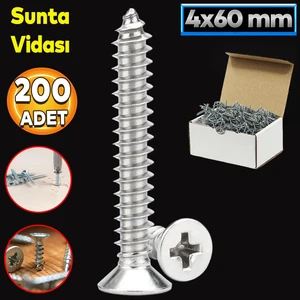 Sunta Vidası 4X60 Paket 200 Adet Sivri Uçlu Ahşap Tahta Ağaç Mobilya Ayak Kulp Vidası
