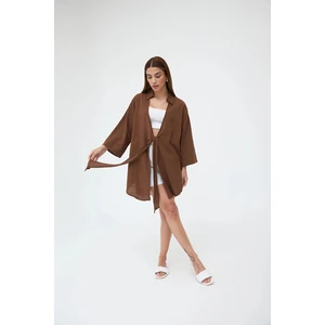 Kadın  Pamuklu Kahverengi Flam Keten Kimono