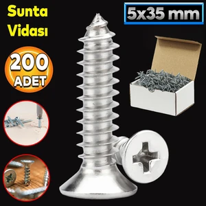 Sunta Vidası 5X35 Paket 200 Adet Sivri Uçlu Ahşap Tahta Ağaç Mobilya Ayak Kulp Vidası