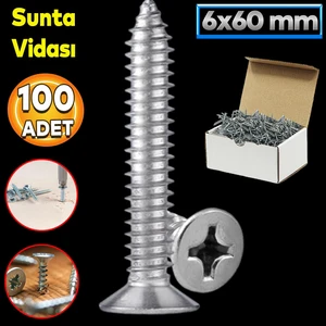 Sunta Vidası 6X60 Paket 200 Adet Sivri Uçlu Ahşap Tahta Ağaç Mobilya Ayak Kulp Vidası