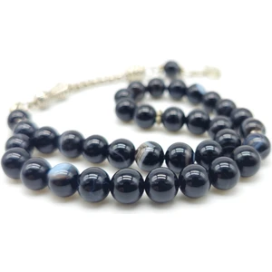 Siyah Çizgili Akik Taşı Tesbih 8 mm Küre Kesim