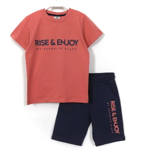 Dobakids Rise Enjoy Slogan Baskılı Erkek Çocuk Yazlık 2'Li Takım 8-15 Yaş Mercan 001-0001881