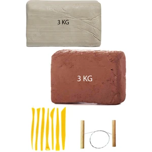 Kahve Çamur 3 kg Kırmızı Kil Seramik Hamuru Beyaz Kil 3 kg Plastik Ebeşuar Seti Çamur Kesme Teli