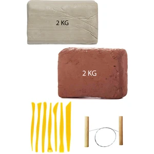 Kahve Çamur 2 kg Kırmızı Kil Seramik Hamuru Beyaz Kil 2 kg Plastik Ebeşuar Seti Çamur Kesme Teli