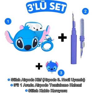 3. Nesil Uyumlu Stitch Kılıf, Stitch Kablo Koruyucu ve 3'ü 1 Arada Kulaklık Temizleme Kalemi