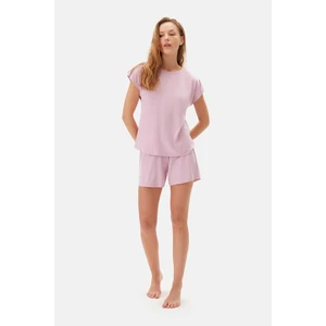 Açık Pembe Kayık Yaka Viskon Tişört Şort Pijama Takımı