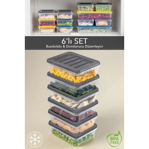 Meleni Home 6'lı Buzdolabı Organizer Mikrodalga ve Difrize Uygun Saklama Kabı Antrasit 6 x 600 ml