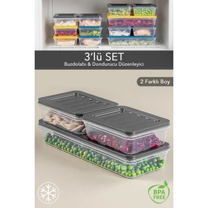 Meleni Home 3'lü Buzdolabı Organizer Mikrodalga ve Difrize Uygun Saklama Kabı Antrasit 1 x 1170 ml - 2 x 600ML
