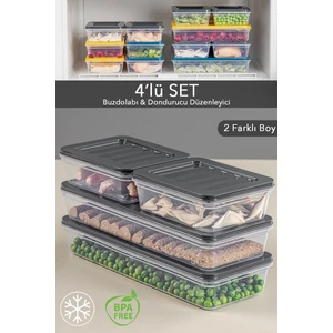Meleni Home 4'lü Buzdolabı Organizer Mikrodalga ve Difrize Uygun Saklama Kabı Antrasit 2 x 1170 ml - 2 x 600 ml
