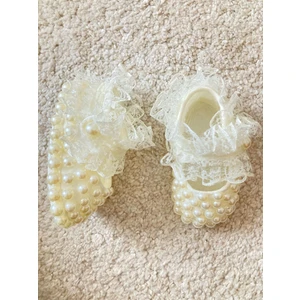 Masal Baby Kids Bebek Incili Patik & Yeni Doğan Ekru Renkte Mevlit Patiği & Incili Dantelli Hediyelik Patik
