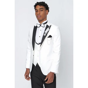 Açık Krem Armürlü Kırlangıç Yaka Astarlı Yelekli 6 Drop Slim Fit Smokin Damatlık 1001220206