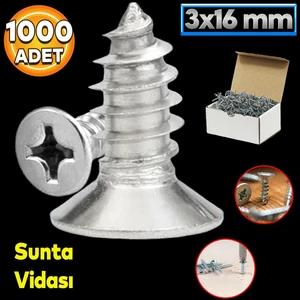 Sunta Vidası 3X16 Paket 1000 Adet Sivri Uçlu Ahşap Tahta Ağaç Mobilya Ayak Kulp Vidası