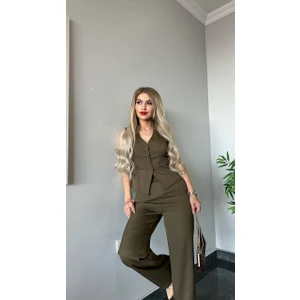 ARV Moda Pantalon Yelekli Takım Ithal Dabıl Kumaş Kadın Düğmeli Yelek Palazzo Geniş Paça Pantolon Ikili Takım