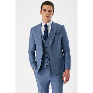 İndigo Mavi Desenli Kırlangıç Yaka Yelekli 6 Drop Slim Fit Dar Kesim Klasik Takım Elbise 1001240157