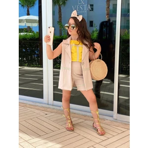 Kız Çocuk Sarı Renk Şort Yelek Bluz Toka 4 Parça Alt Üst Takım