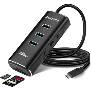 Rshtech  Alüminyum 5 In 1 Type C USB 3.1/3.2 Gen2 Hub 3* 10GBPS USB 3.2 Veri Bağlantı Noktası, Sd/tf Kart Okuyucu, 60 cm Kablo,