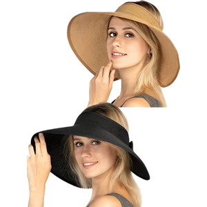 Kadın Geniş Siperli Uv Korumalı Fiyonklu Hasır Vizör Şapka 2'li Set