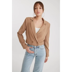 Çift Düğme Viskon Keten Crop Ceket