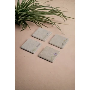 Baum Atelier Minimal Çiçek Tasarımlı Doğal Taş Traverten Bardak Altlığı 4 Lü Set