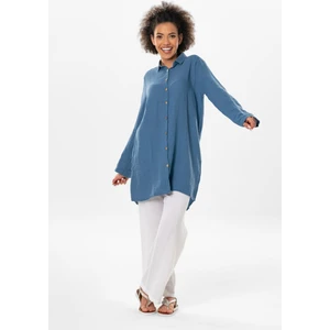 Eliş Şile Bezi Uzun Katlanabilir Kol Sedanur Gömlek Yaka Yazlık Müslin Tunik Indigo Indg