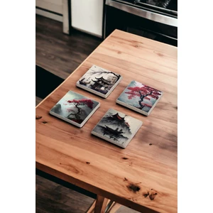 Baum Atelier Japon Doğası ve Kiraz Çiçeği Stone Coasters Doğal Taş Traverten Bardak Altlığı 4 Lü Set