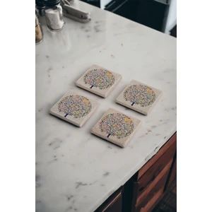Baum Atelier Kuşlar ve Yaşam Ağacı Temalı Doğal Taş Traverten Bardak Altlığı 4 Lü Set