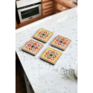 Baum Atelier Sarı ve Turuncu Tile Desen Doğal Taş Traverten Bardak Altlığı 4 Lü Set