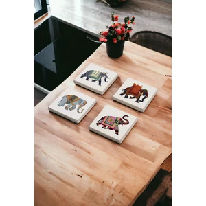 Baum Atelier Hindistan Renkli Fil Temalı Doğal Taş Traverten Bardak Altlığı 4 Lü Set