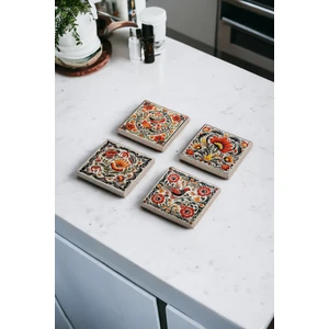 Baum Atelier Kırmızı Floral Tile Desen Temalı Doğal Taş Traverten Bardak Altlığı 4 Lü Set