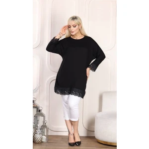 Butik Nilyam Kadın Büyük Beden Bisiklet Yaka Güpür Detaylı Esnek Tunik 24033 Siyah