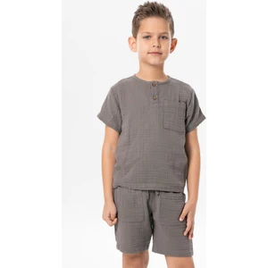 Eliş Şile Bezi Kısa Kol Batı Cep Detaylı Yazlık Müslin Erkek Çocuk Tshirt Gri Gri