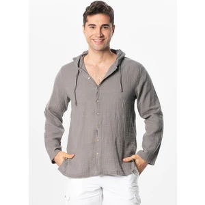 Eliş Şile Bezi Uzun Kol Erkek Kapüşonlu Yazlık Müslin Sweatshirt Gri Gri