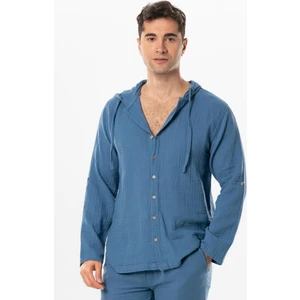 Eliş Şile Bezi Uzun Kol Erkek Kapüşonlu Yazlık Müslin Sweatshirt Indigo Indg