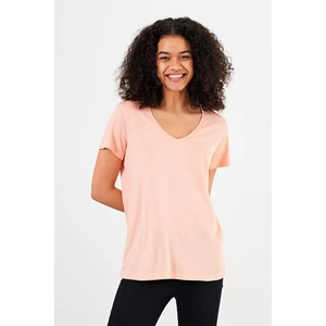 Kadın Boyfriend Toz Pembe V Yaka Regular Fit Modal Tişört (Lyocell)